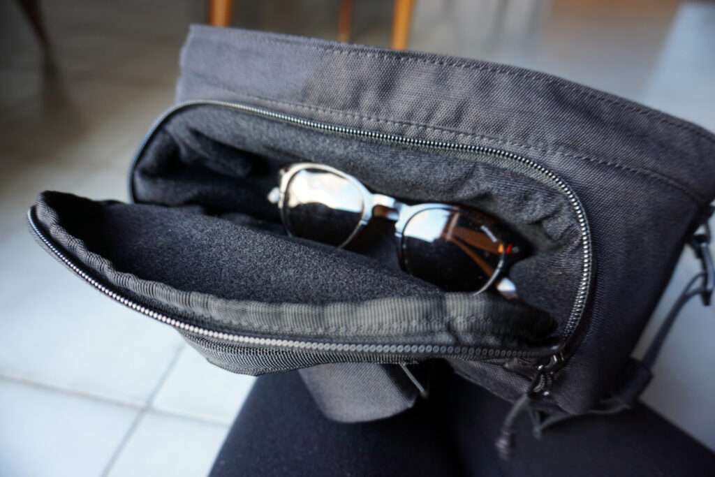 view of backpack from above with sunglasses storage