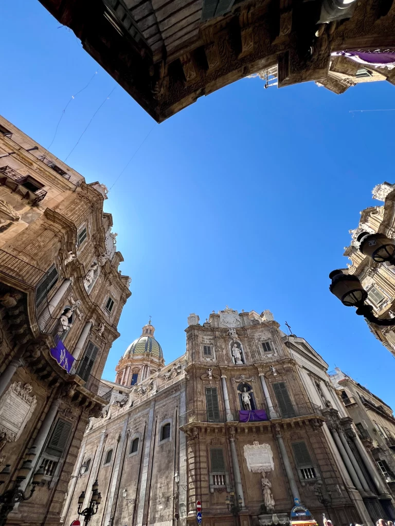 View of buildings anda. church from below