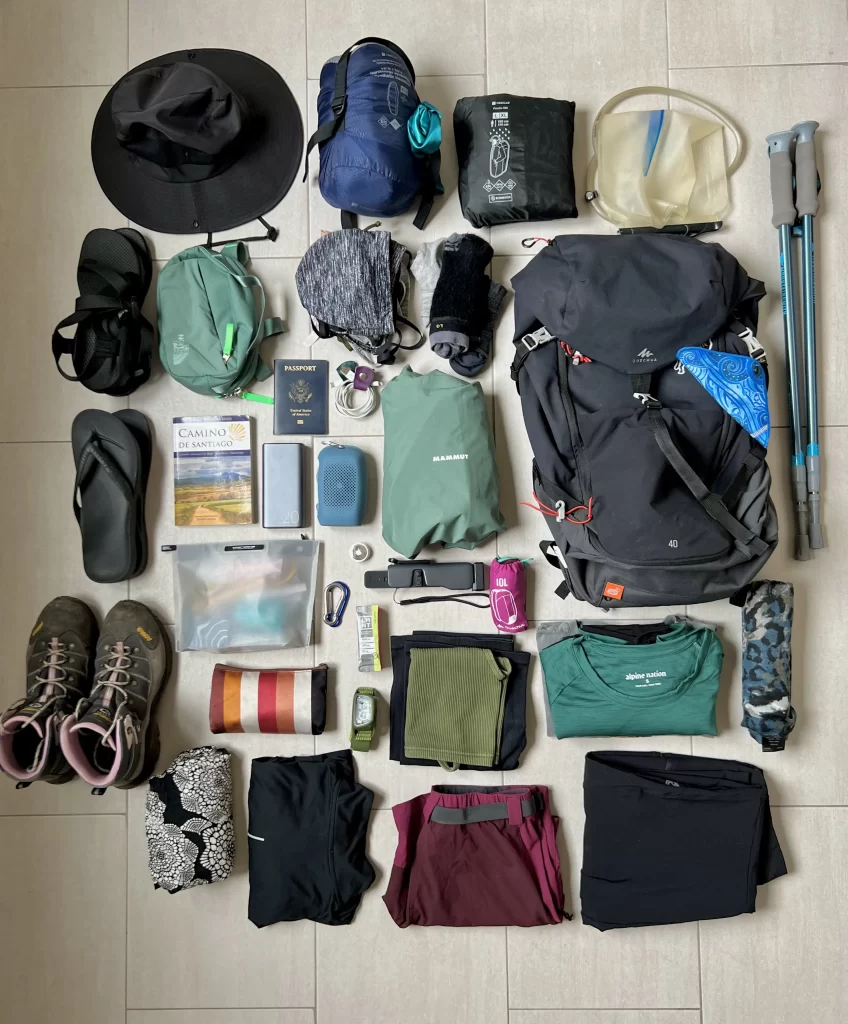 view from above of backpacking gear laid out on a gray floor